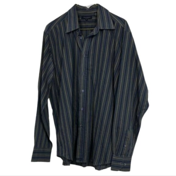 Ted Baker London vertical stripe navy and tan button down dress shirt cotton XL - Picture 1 of 15